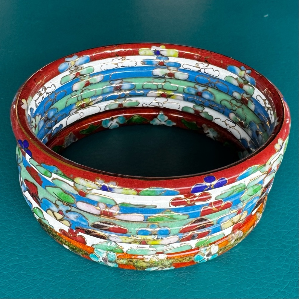 Vtg Set Of 7 Cloisonne Bangle Bracelets Asian Floral - Picture 2 of 10